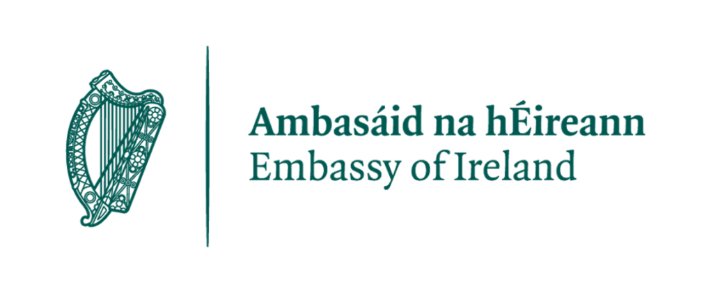 Embassy of Ireland logo, dark green text on white background