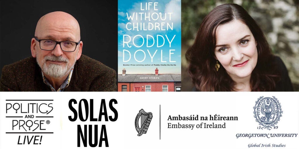 A portrait of Roddy Doyle alongside his book cover, and a portrait of Nuala O'Connor
