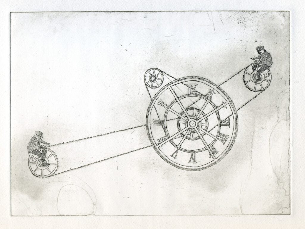 print of a center clock, mechanically driven by to men on unicycle-like cogs.