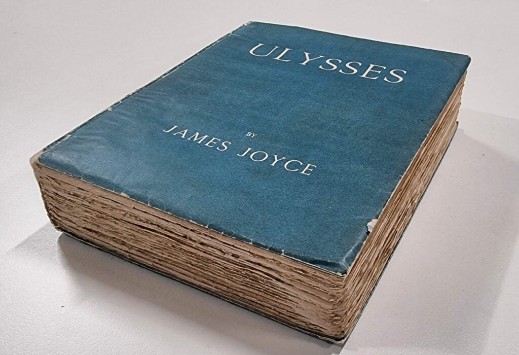 Navy blue hardcover copy of an old edition of James Joyce's Ulysses