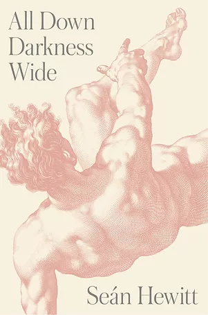 Pale red silhouette of a male body, booc cover of Sean Hewitt's "All Down Darkness Wide"