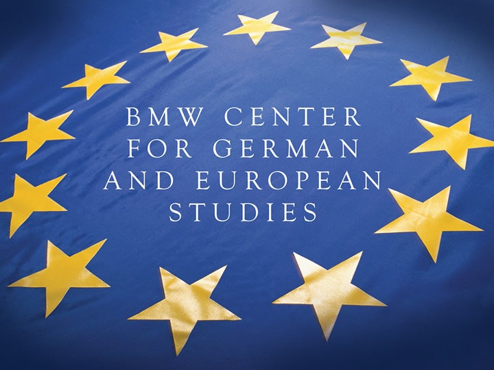 BMW Center for German and European Studies logo, white text on a dark blue background surrounded by a circle of yellow stars