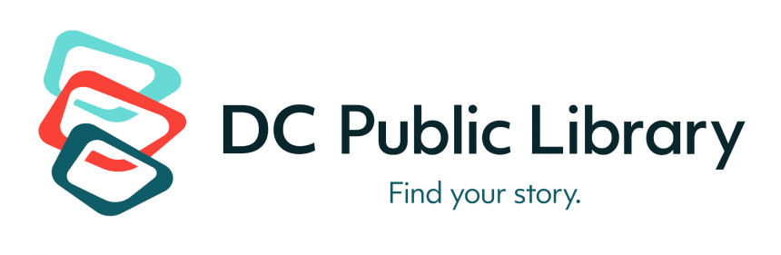 DC Public Library logo. Black text on white background with three intersecting shapes of green red and blue.