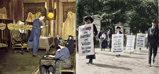 On the left, a man stands on stage reading. On the right, protestors walk through the street with sings reading "Lloyd George the Anarchist and Wilson his junior partner."