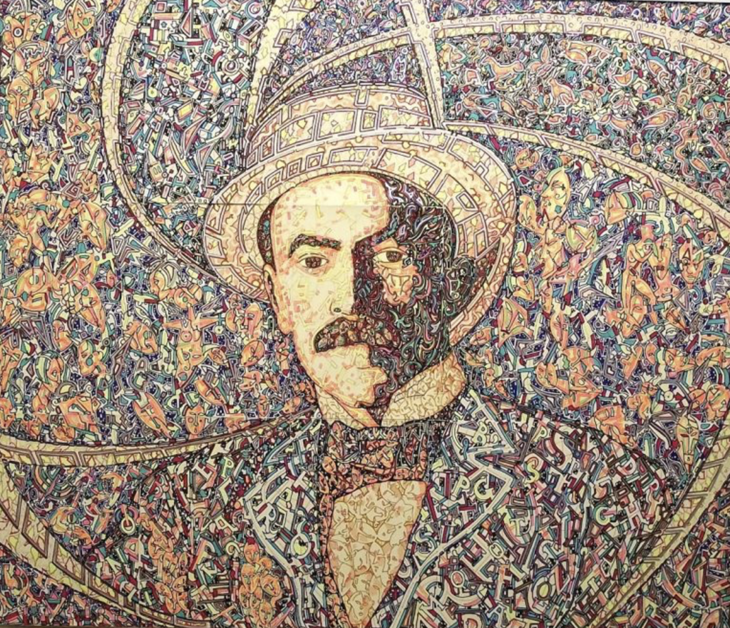Image of mustachioed man in a top hat comprised of a mosaic