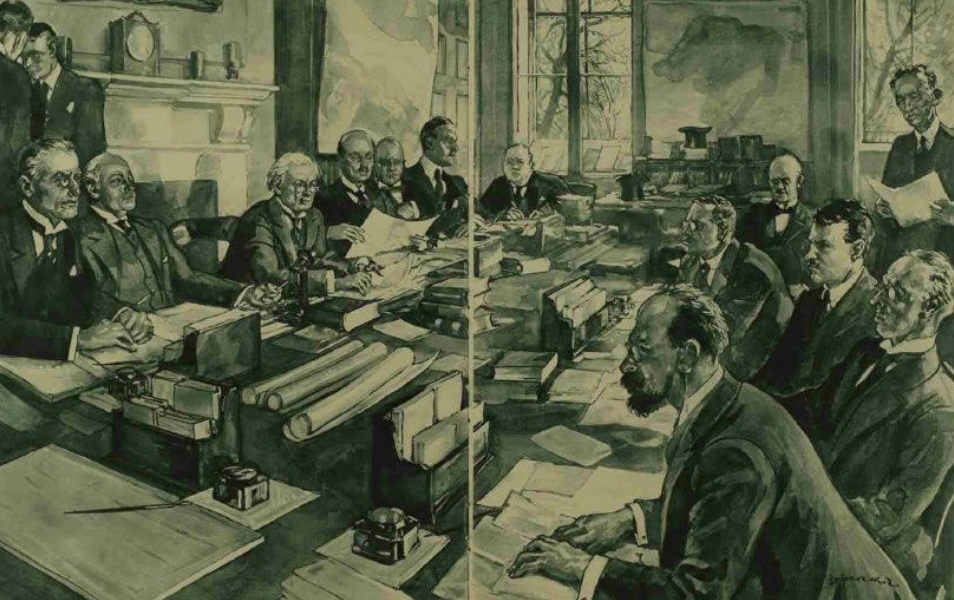 The image is of the roundtable discussions between British and Irish political leaders in 1921 which led to the Anglo-Irish Treaty