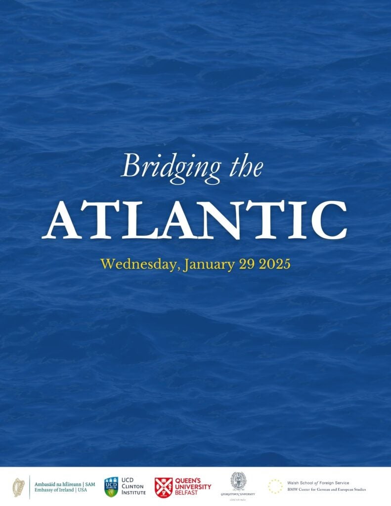 Blue ocean background with large white text that says "Bridging the Atlantic" and smaller, yellow font that says "Wednesday, January 29 2025" below that